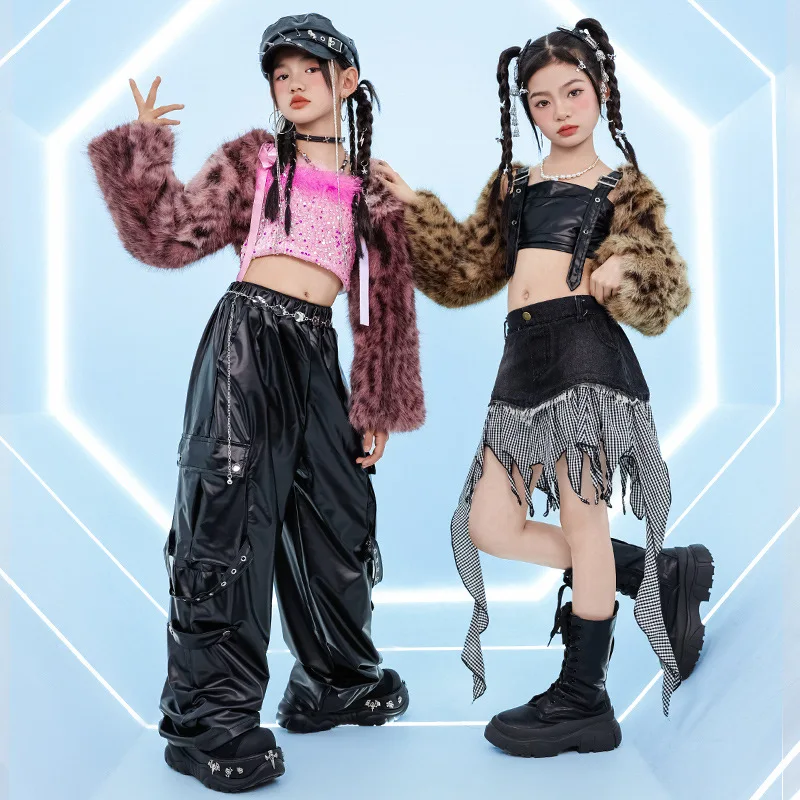 女の子 Kpop 衣装ジャズダンスショーパフォーマンスウェアヒョウコート黒パンツ子供ファッションランアウェイステージ服ストリートウェア VDL4966