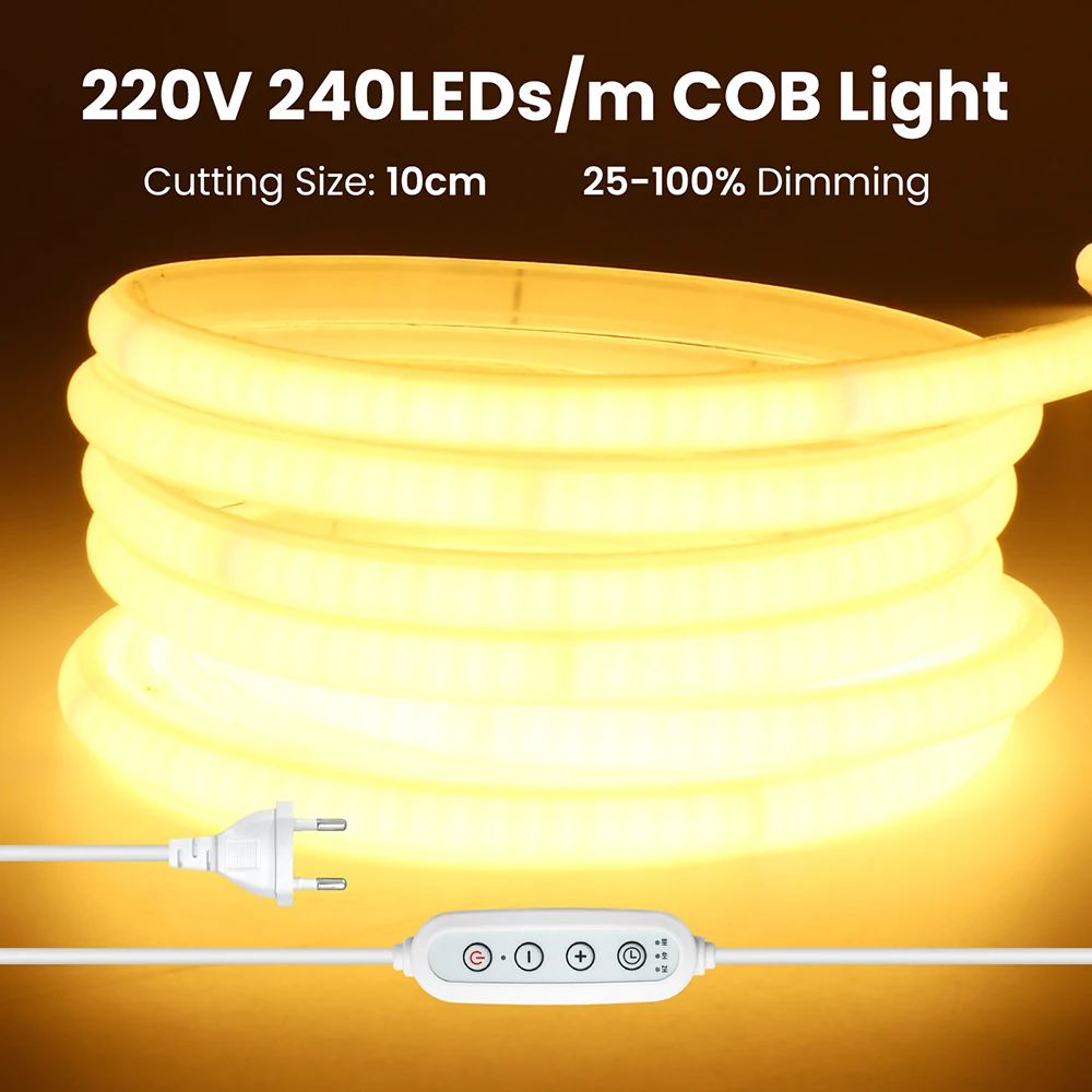 4key Switch Dimmable COB Neon LED Strip Light Flex Tape 3000K 4000K 6000K IC Chip Version 240LEDs/m 220V Eye Protection 10cm Cut
