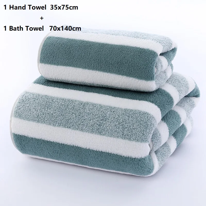 2 Pcs Quick-Drying Striped Towel Set For Soft And Absorbent Bathroom Experience - Includes 1 Bath Towel And 1 Hand Towel