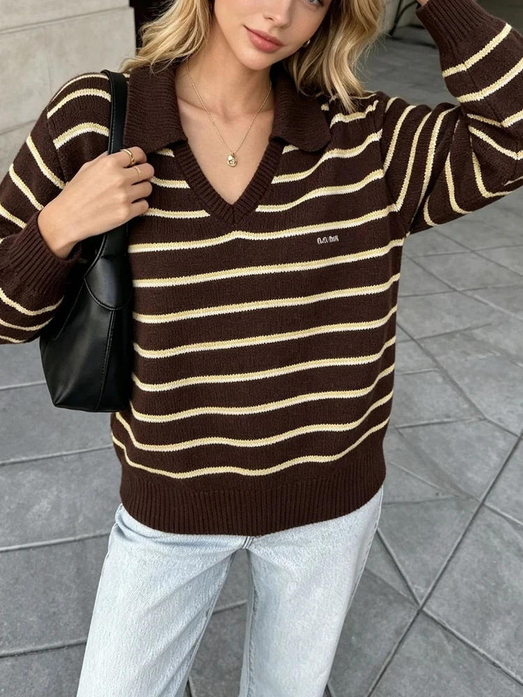 Autumn Winter Women's Knit Stripe Pullover Simple Casual Polo Collar Sweater Lady Fashion Warm Female Long Sleeves Tops Clothing