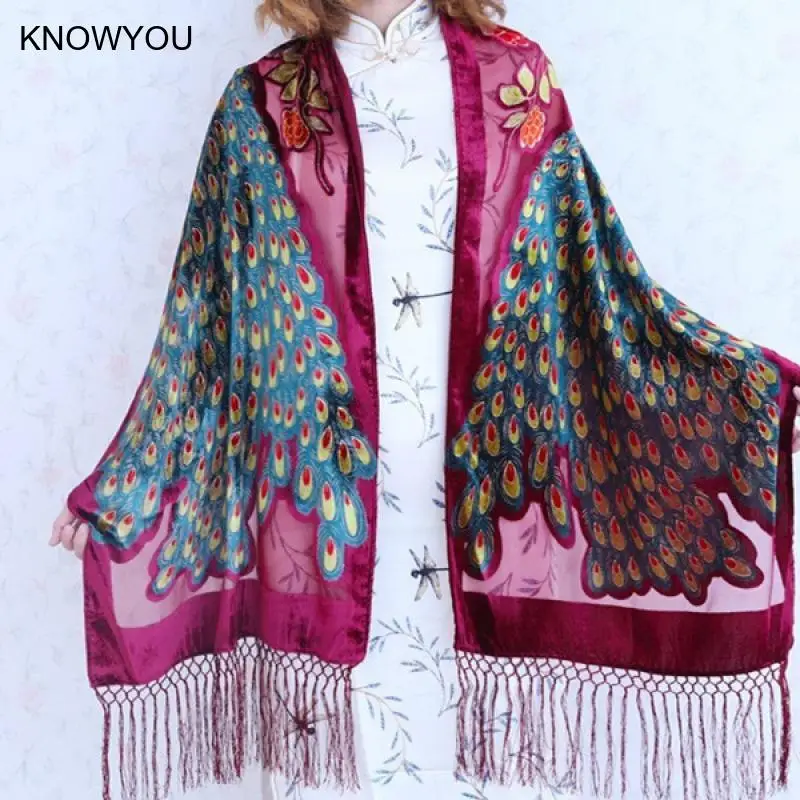Lady Elegant Shawl Silk Velour Jacquard Flower Capes Evening Party Pashmina Women Luxury Peacock Scarves Spring Autumn Bandanas
