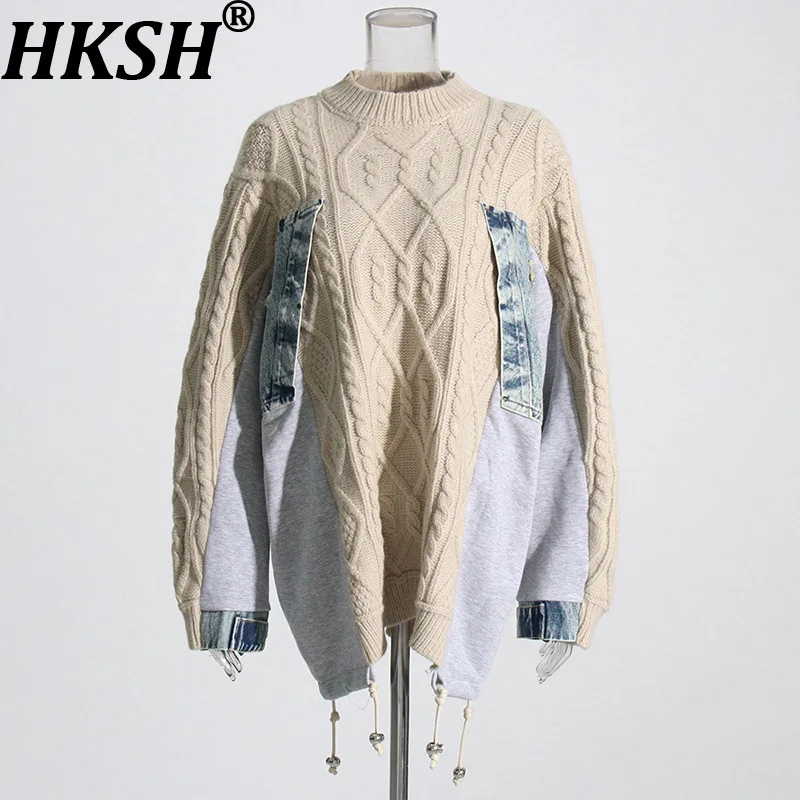 

HKSH Autumn Winter New Women Sweater Knitted Patchwork Denim Contrast Color O-neck Long Sleeves Elegant High Street Tops HK16752