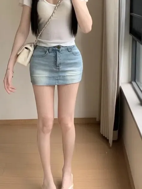 Original Summer High Waist Elastic Denim Shorts Women's Fashion Bodycon  Skirt Anti-Light Protection Versatile Korean Style
