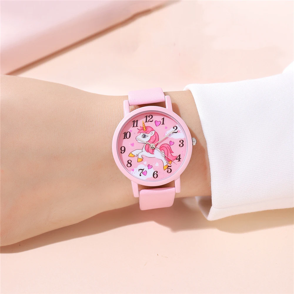 cute pink pu leather band unicorn Children\'s cartoon watch