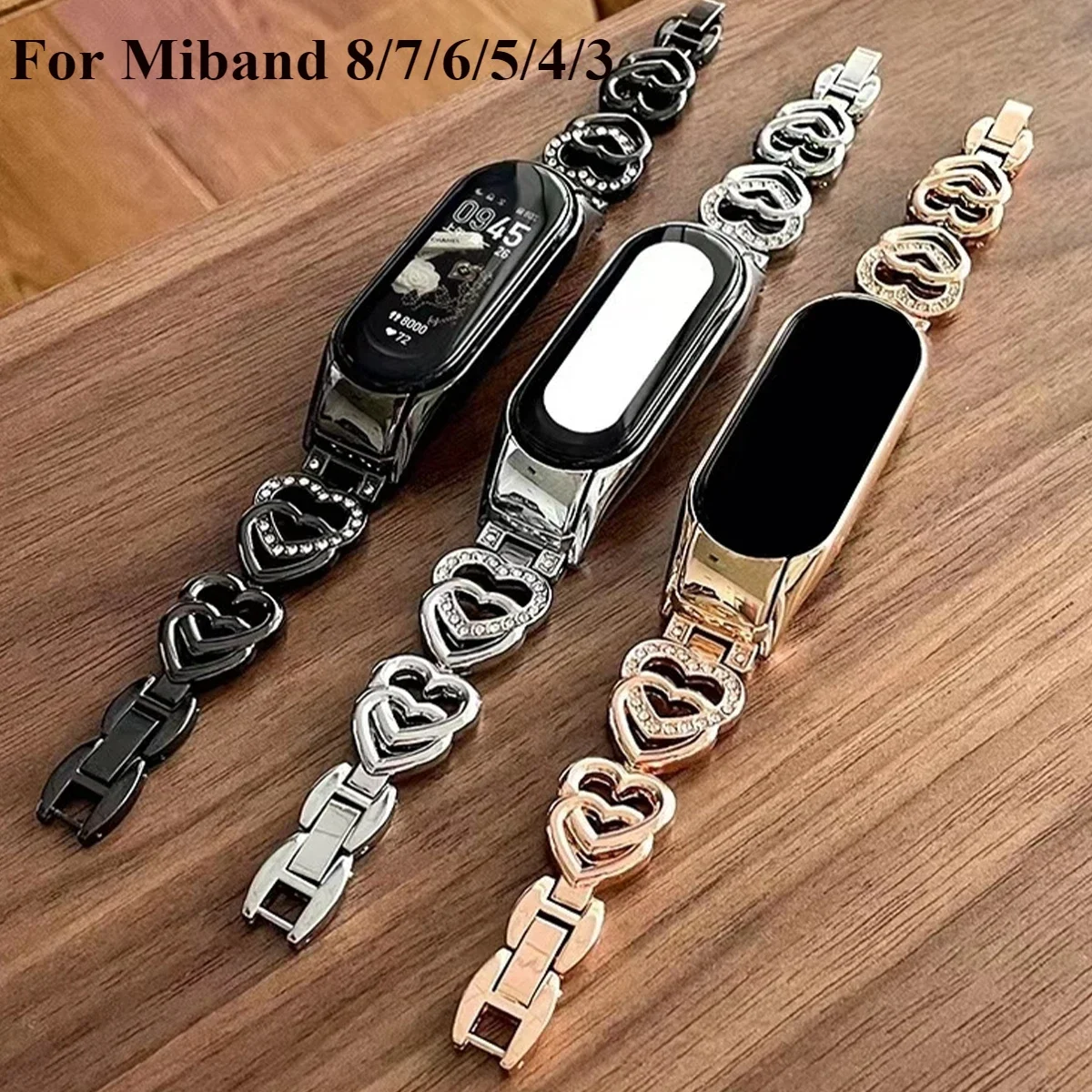 Strap For Xiaomi Mi Band 8 7 Watch Band For Mi Band 5/6/4/3 Fashion INS Love Heart Metal Bracelet Miband Smartwatch Accessories