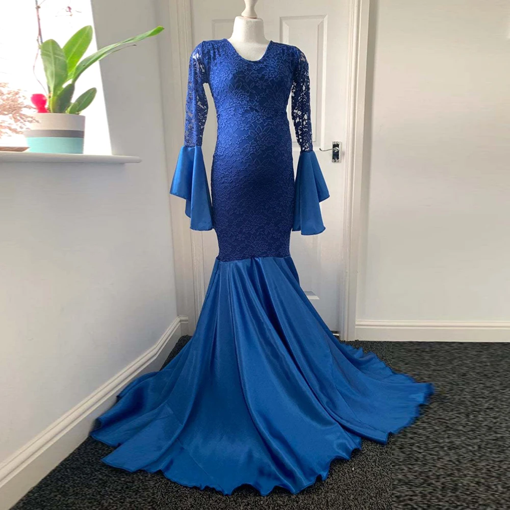 Maternity Dresses for Photo Shoot Blue Ruffles Evening Round Neck Sleeve Lace Stitched Fishtail Skirt Longuette  Vestidos