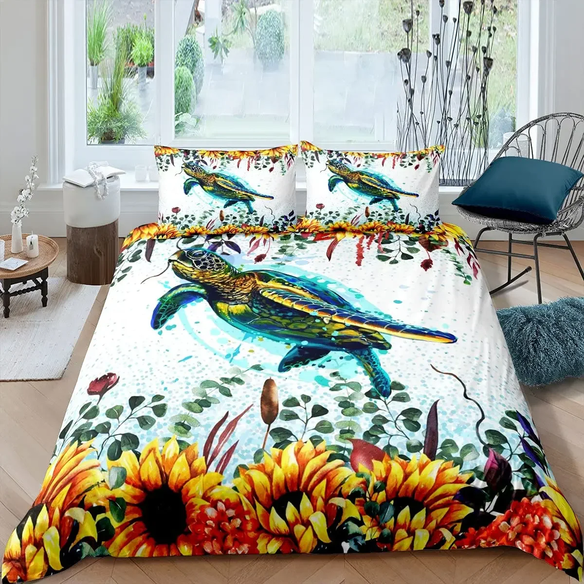 Sea Turtle King Queen Full Duvet Cover Sunflower Bedding Set Tie Dye Comforter Cover Floral Ocean Reptile Polyester Quilt Cover