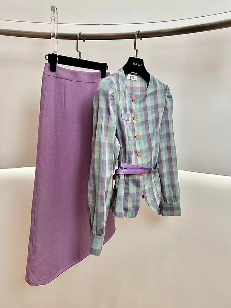 

Spring Faion Women's Plaid irt And High Waist Slimming Skirt Two-Piece Set Design Sense Whole Suite Casual Sle
