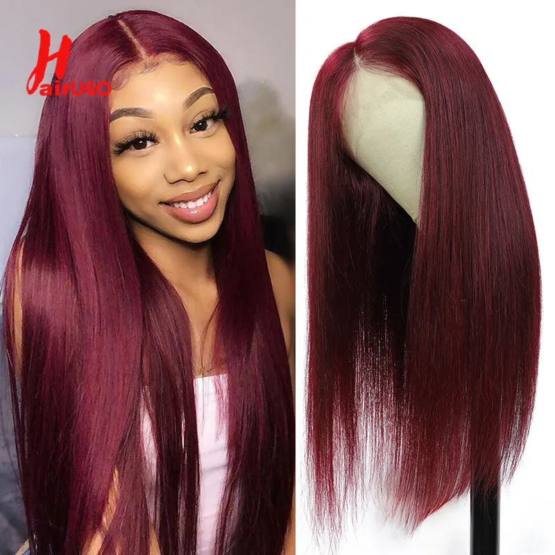 HairUGo 99J 13*4 Lace Front Human Hair Wigs Brazilian Remy Burgundy Straight Lace Front Wigs Transparent Lace