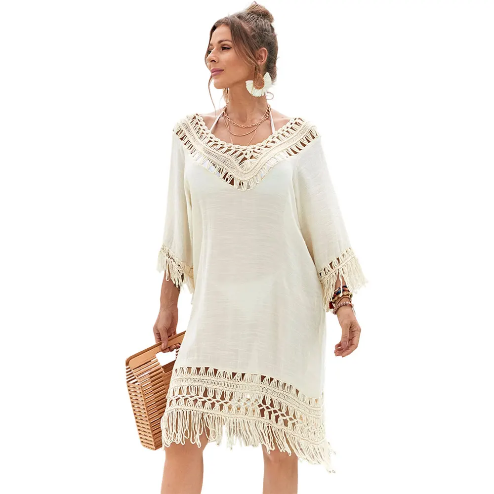 Fashion Bikini Cover Up Women Beach Wear Summer Handmade Crochet Fringed Hollow Out Tassels Pure Beige Midi Dress