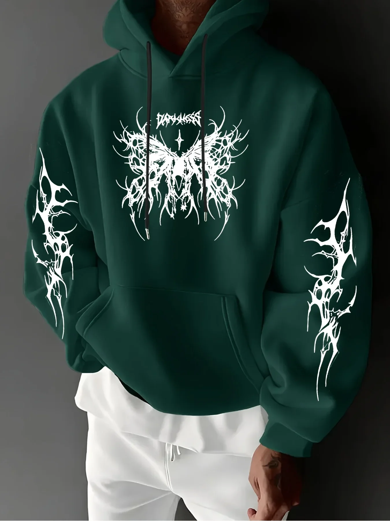 Punk Dark Street Men Hoodie Front Chest & Both Sleeves Gothic Print Y2K Edgy Trendy Loose Oversized Autumn Winter Fleece Lined - view 4