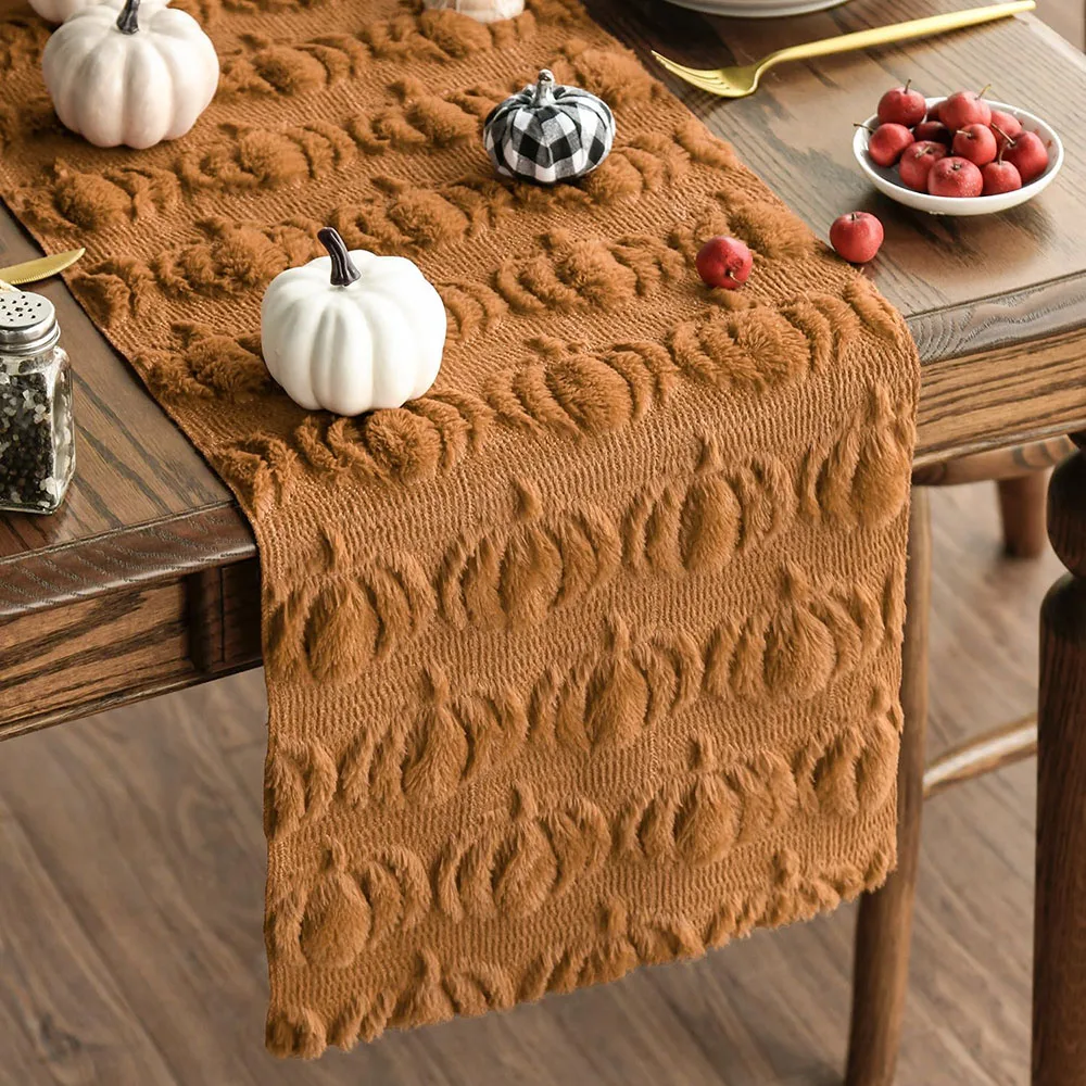 Caramel 3D Plush Pumpkin Table Runner 13x72 Inch Soft Faux Fur Fall Thanksgiving Dining Table Decor for Home Kitchen Party