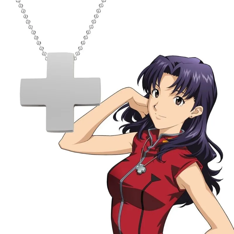 Collar de Anime Evangelion EVA Katsuragi Misato, collar y anillo con colgante de cruz de acero inoxidable, regalos de joyería de moda para hombres y mujeres