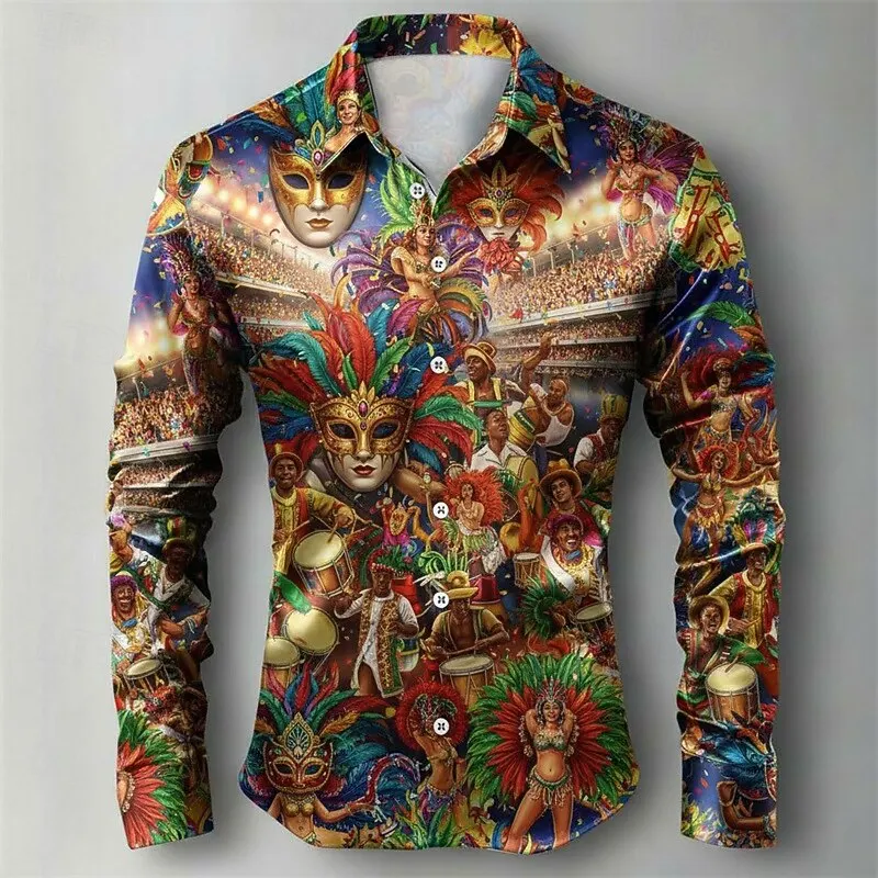

Карнавальная мужская рубашка с рисунком мультяшной маски на пуговицах, повседневная рубашка с длинным рукавом, гавайская повседневная рубашка для отдыха на природе, вечеринки, весна