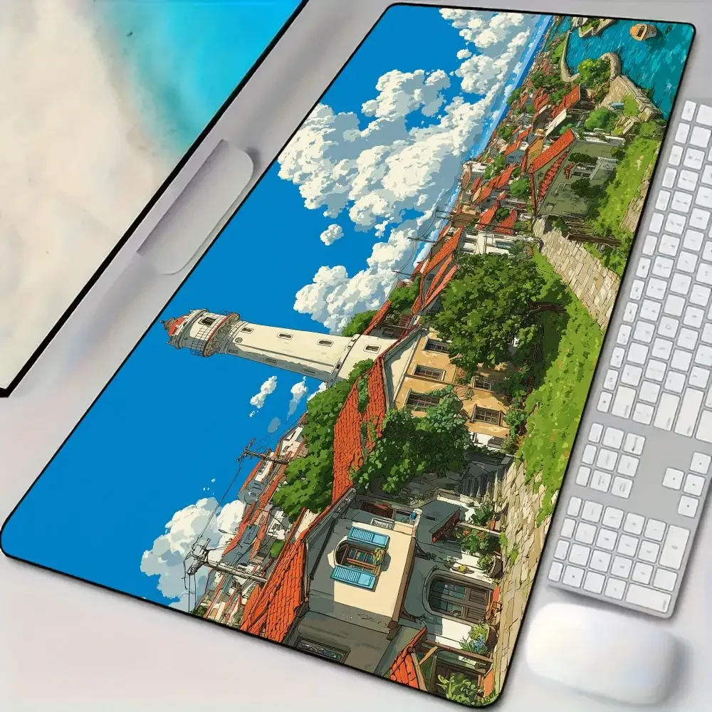 Tappetino per mouse Tappetino da scrivania Tappetino per mouse dal design Warm Town con bordi cuciti Tastiera con base in gomma antiscivolo Tappetino da gioco esteso