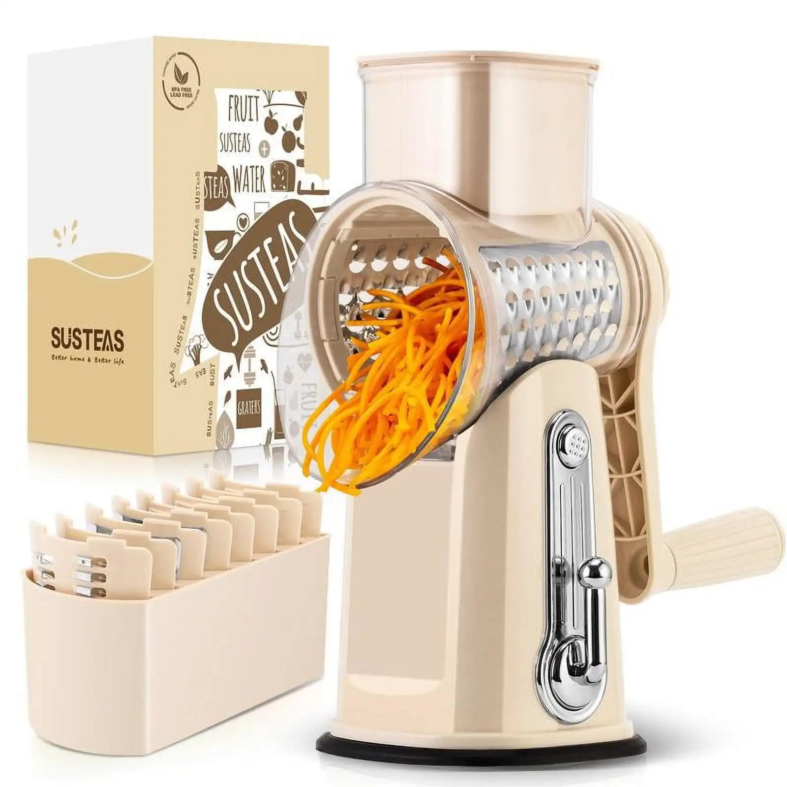 Rotary Food Cheese Grater with Handle, 5 Blades and Strong Suction Cup Base, Comes with 1 Blade Storage Box Kitchen Utensils