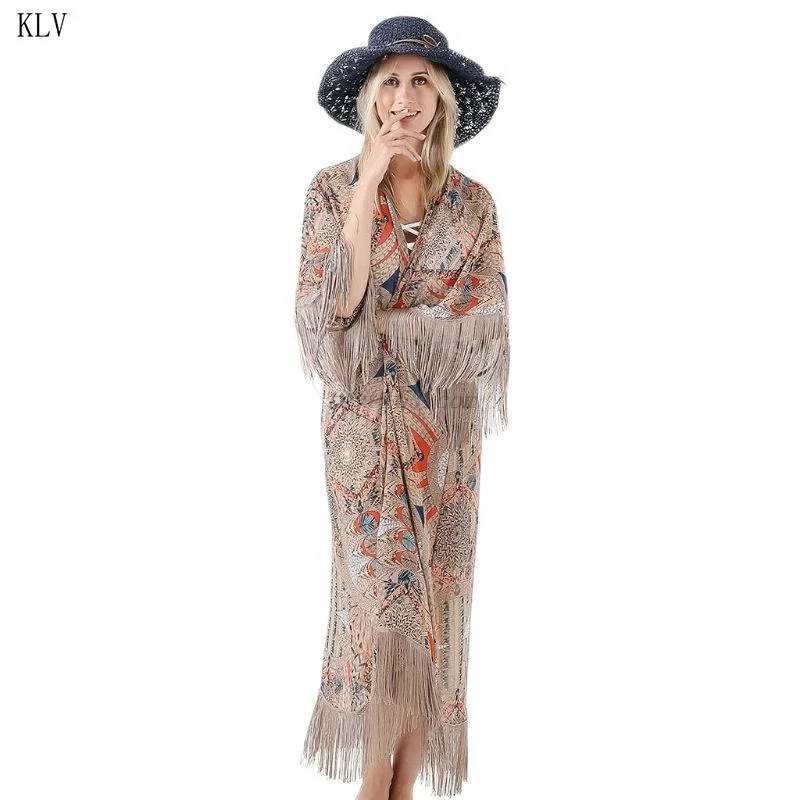 2021 Retro Printed Half Sleeve Cardigan Kimono Boho Fringed Tassels Cover Up Ankle Length Cape Beach Swimsuit