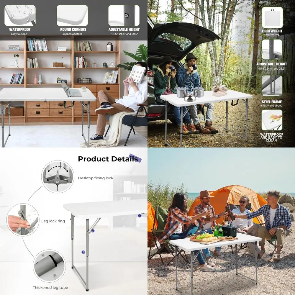 

olding Table 4 oot Portable Heavy Duty Plastic old-in-Hal Utility Table Small Indoor Outdoor Adjustable Height olding with Carry