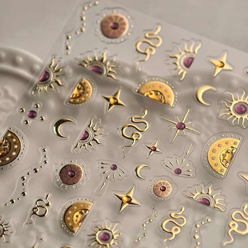 2 Pcs/set Vintage Gold Sun Snake Star Landscape PET Nail Sticker Creative DIY Journal Material Collage Scrapbooking Stationery