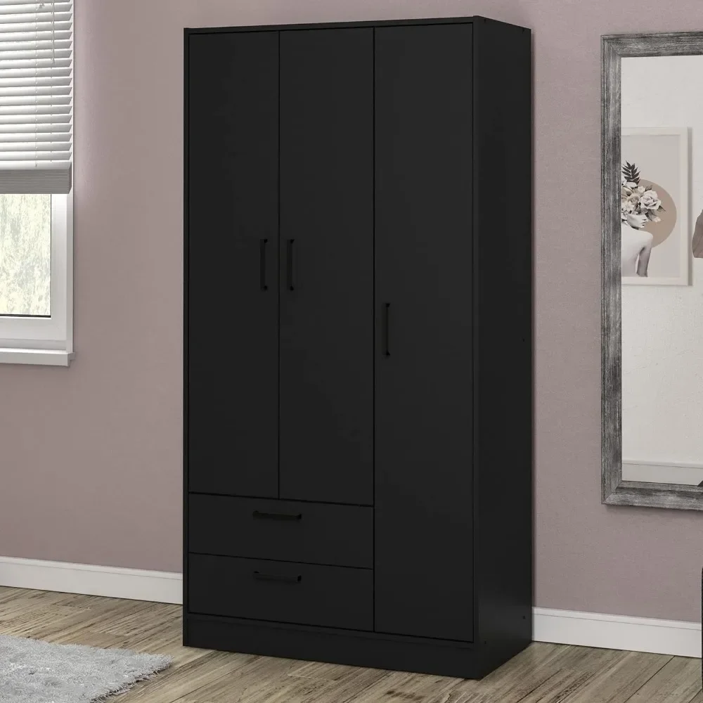 Armoire Wardrobes 3-Doors Wardrobe Wardrobe Bedroom Furniture 2-Drawers (Black) Cabinets CabinetClothing Cupboard Home