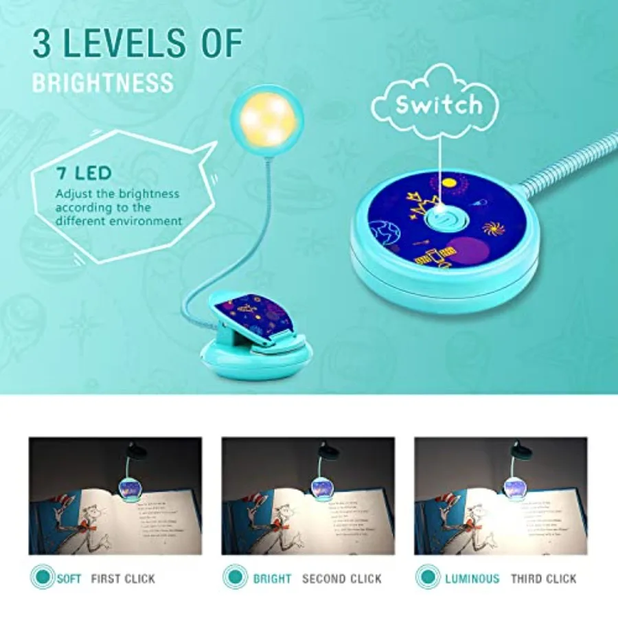 Cute Rechargeable Book Light, Eye Caring Reading Light for Clip on, 3 Colors and 3 Brightness, 1.8oz Super Light Weight, Up to