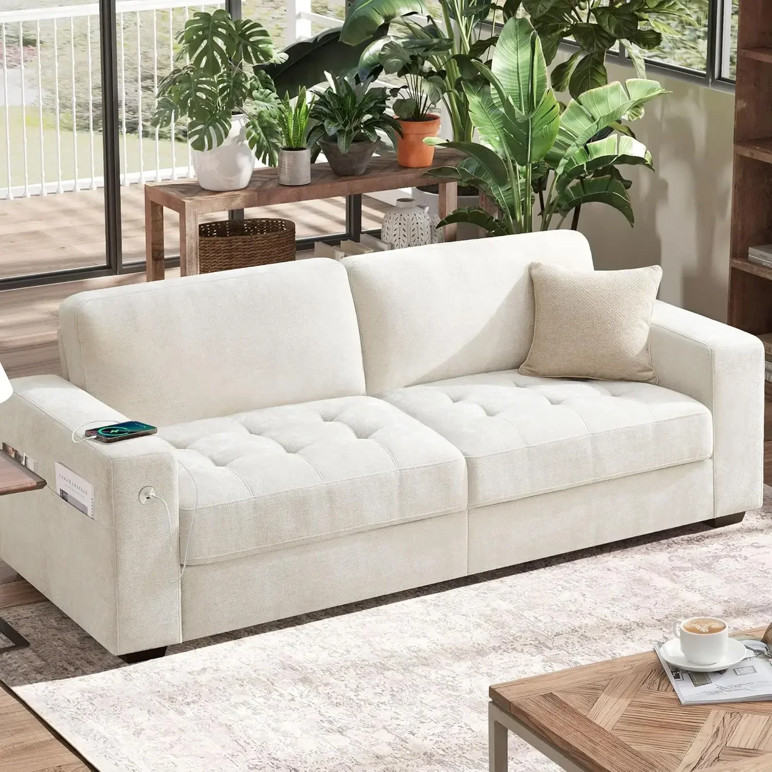 Sofa for Living Room, Modern Comfy Sofa with Medium Firm Seat Cushion, USB/Type-C Port,Chenille Fabric Couches  (Beige, 89 inch)