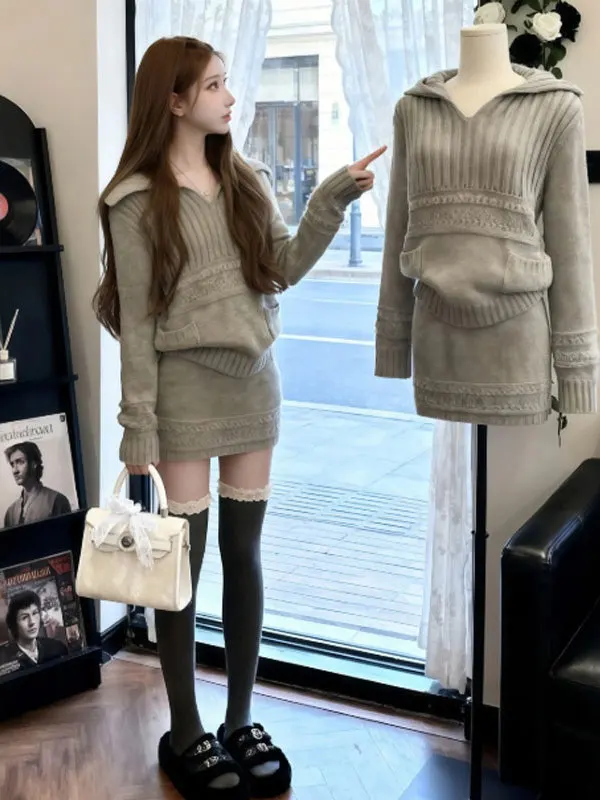 

Faionable Knitted Sweater And orts Set Retro Sle Comfortable High Waist Cotton Inner Elastic Slim Fit Two Piece Outfit