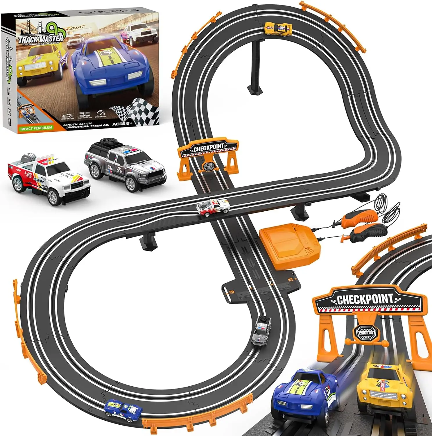 

Race Track Sets with 1:64 High-Speed Racing Cars Battery or Electric Car Track Dual Racing Game Lap Counter Circular Slope Track