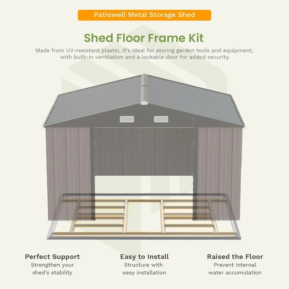 Shed de armazenamento de metal de 10x12 pés para exterior com estrutura de piso, galpão de ferramentas de jardim para todos os climas com porta com fechadura para quintal e pátio