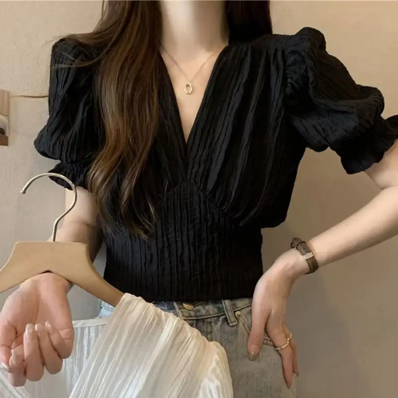 Summer Solid Color Shirring Pullover V-Neck Women\'s Clothing Short Sleeve Chiffon T-shirt Elegant and Fashionable Casual Tops