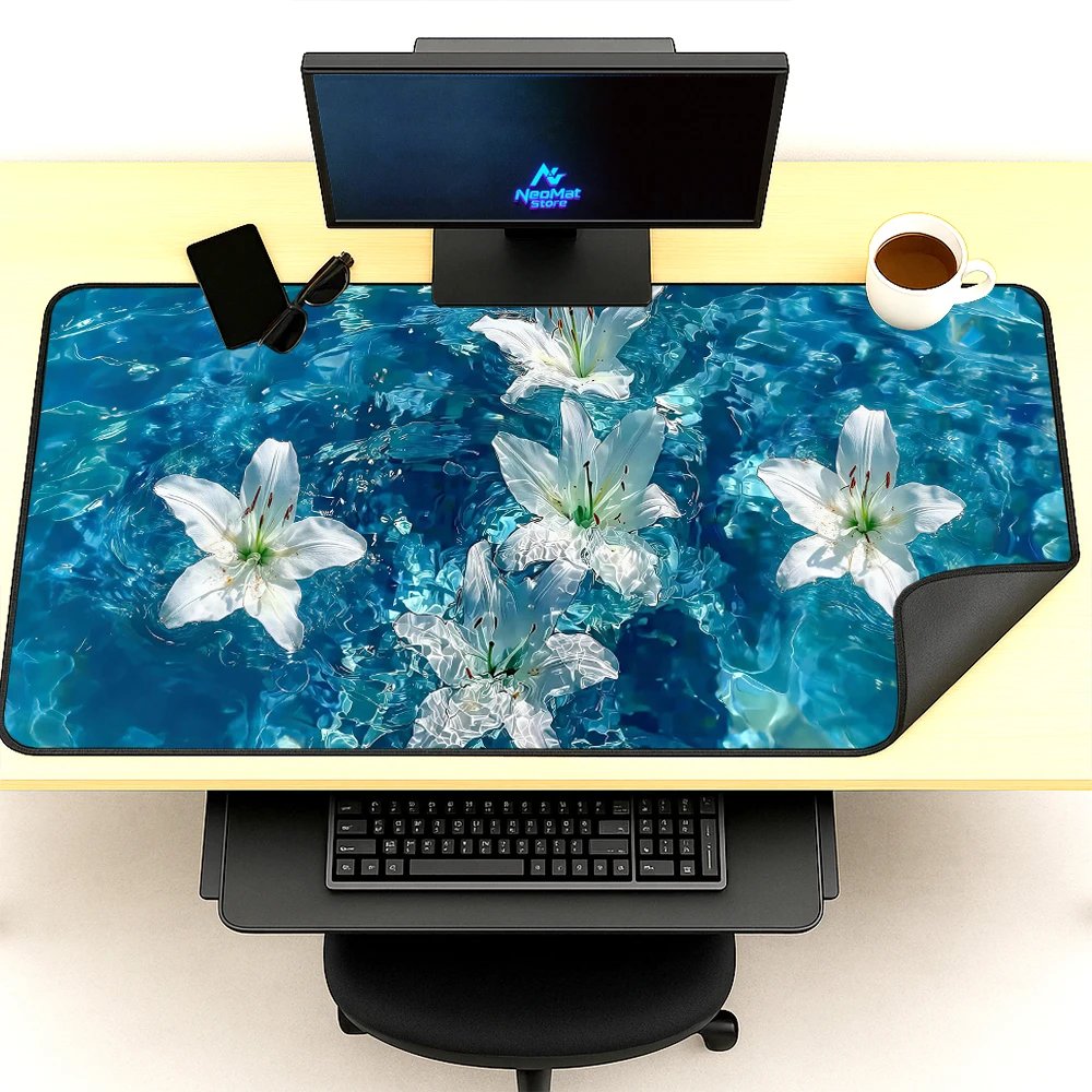 Ocean Floral Desk Pad Keyboard Mat Playmat Desktop Mat Full Lilies Mousepad 140x60 White Keyboard Deskmat Mousemat Desk Decor