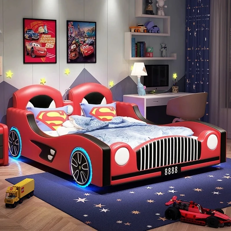 

Wheel light speaker car Multi functional bed Luxury Headboard King Frame Double kids bed With guardrails Bedroom Furniture