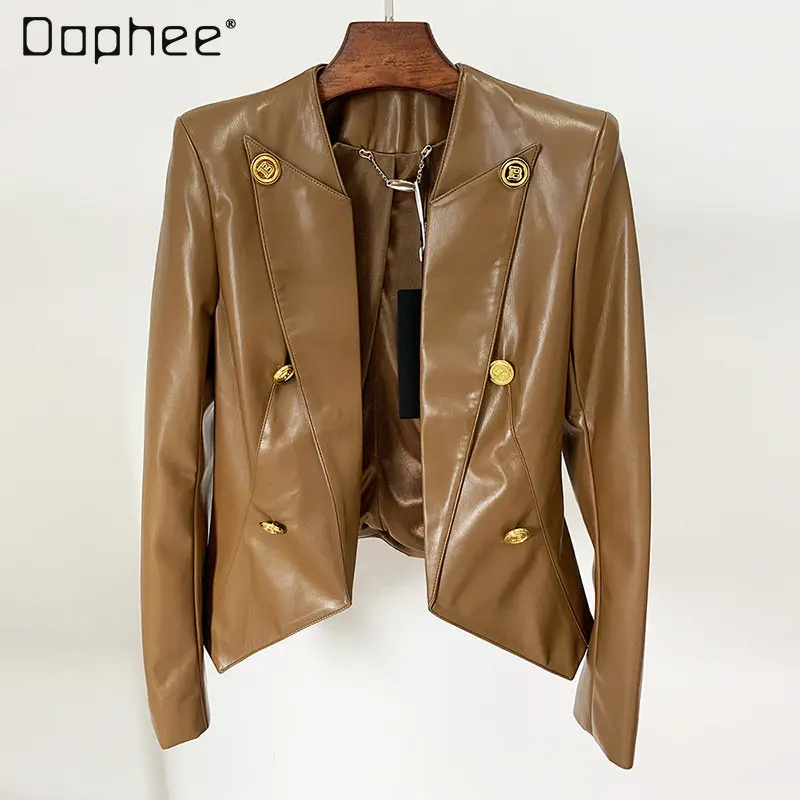 Chaqueta de cuero sin cuello para mujer, Blazer de doble botonadura de Metal, elegante, a la moda, otoño e invierno, 2023