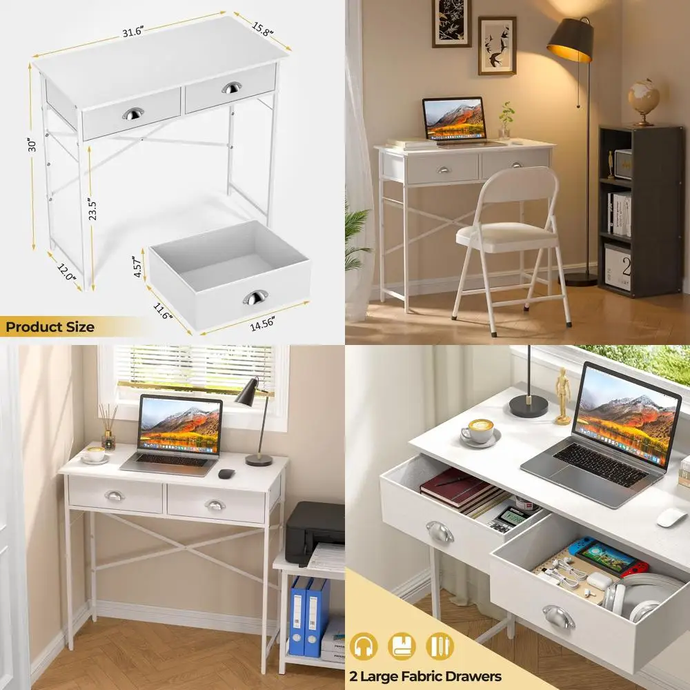 

Компактный белый стол 31,5 дюйма для детской комнаты или небольших помещений, с тканевыми ящиками, идеально подходит для домашнего офиса, общежития, гостиной, учебной зоны