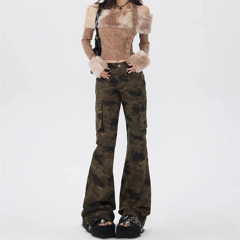 

Women's Multiple Pockets Green Camouflage Straight Pants Young Girl Street Unisex Bottoms Female High Waisted Cargo Trousers