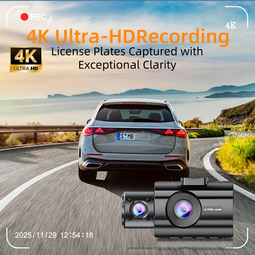 3 Channel 4K Dashcam 4K+1080P Front and Rear Dash Camera IR Night Vision 24 Hours Parking Mode Support 128GB Max - view 2