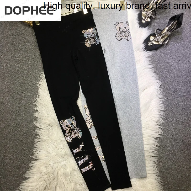 Bear Hot Cartoon Drilling Women Leggings Elasticity High Waist Letters Tight Pencil Pants Spring Autumn Bottoming Trousers