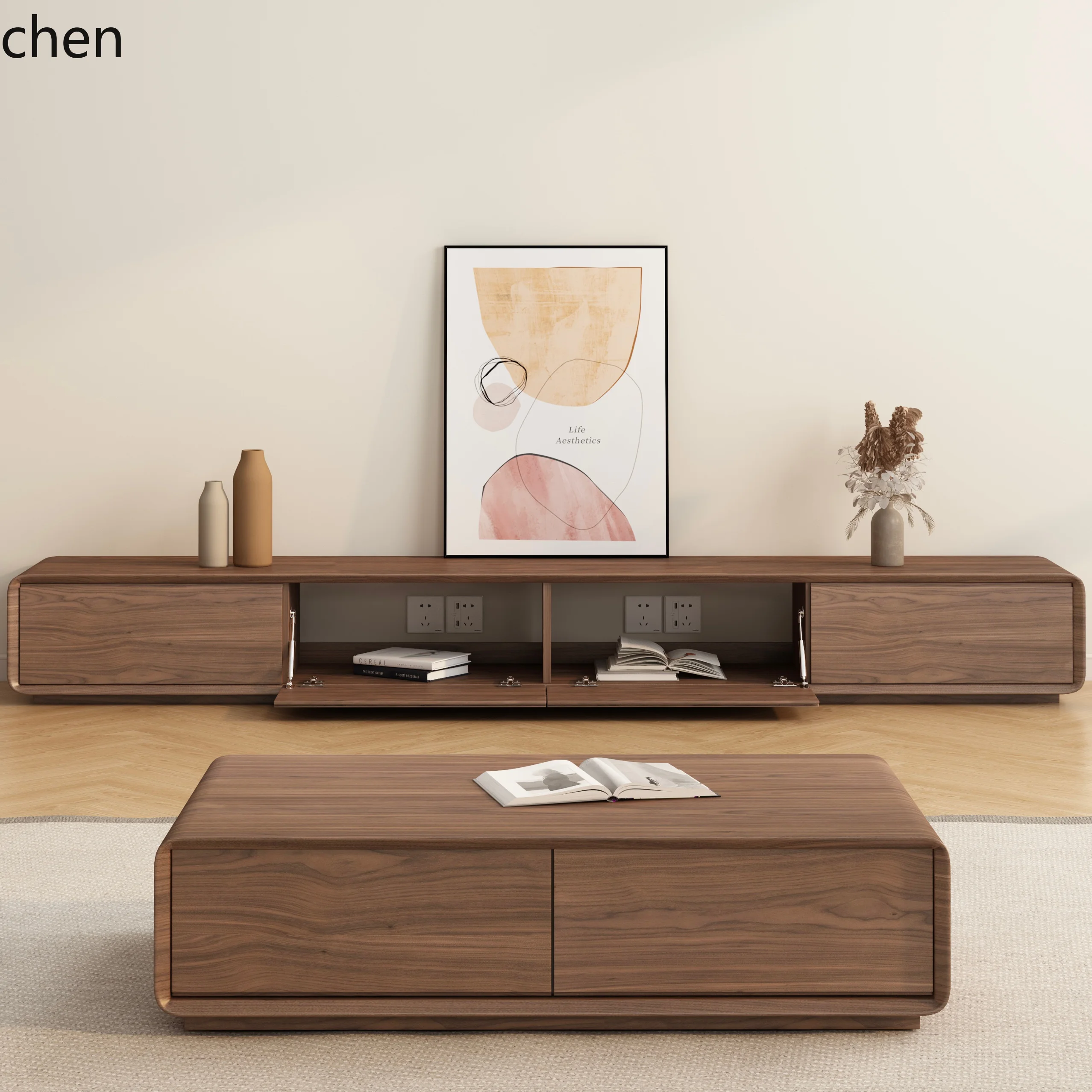 

HTT TV cabinet coffee table combination modern living room home floor solid wood flap hanging wall hanging