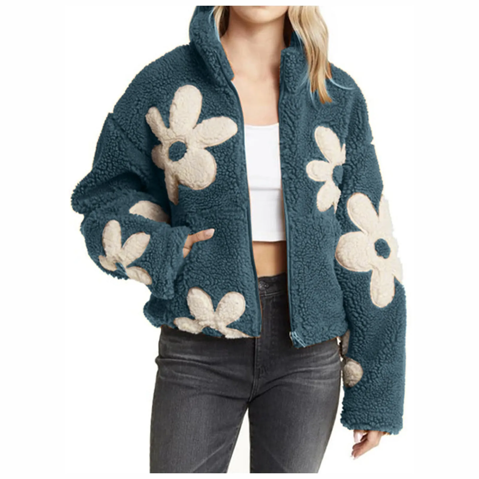 Fall Women Lambswool Fuzzy Short Coats Trendy Mock Neck Zip Up Bomber Jackets Winter Floral Cute Warm Fluffy Outwear Jackets