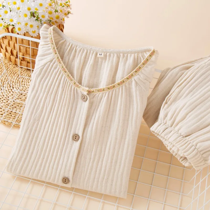 

Spring and Autumn Thin Striped Loungewear Suit Cotton and Linen Women's Pajamas Crew Neck Cardigan Long Sleeve Trousers Pijama