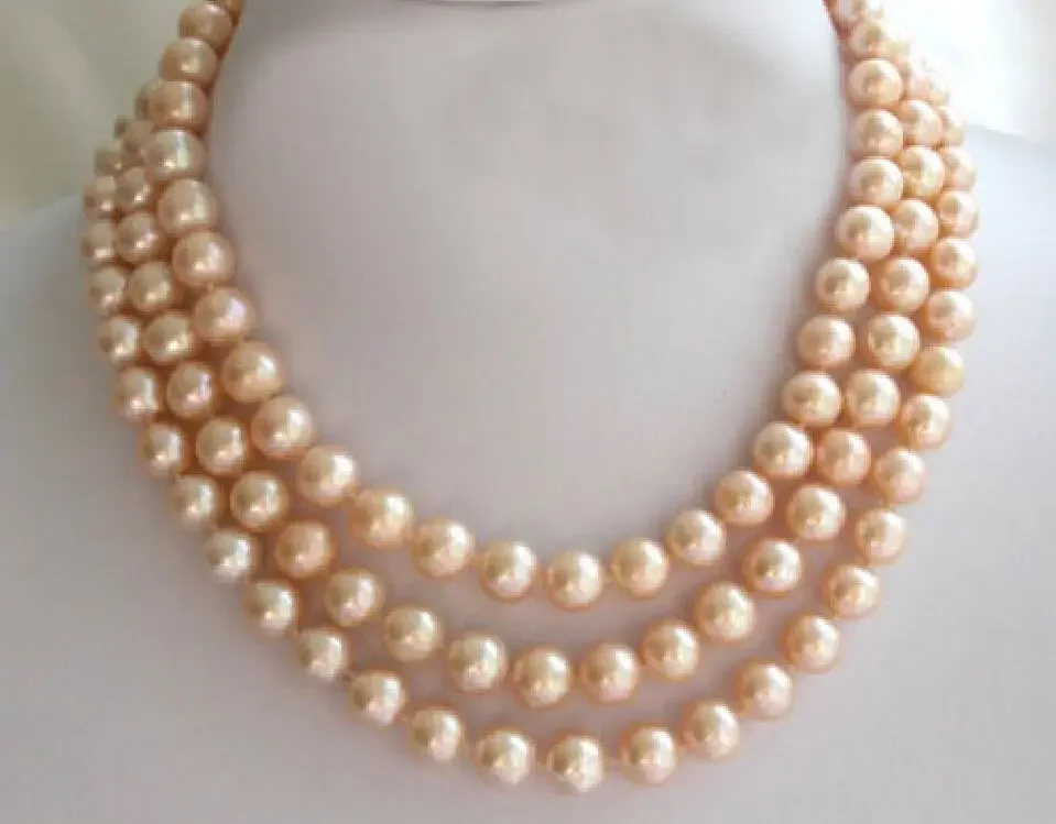 hot 3 rows 8-9mm Genuine natural south sea pink pearls necklace 17-19 inch