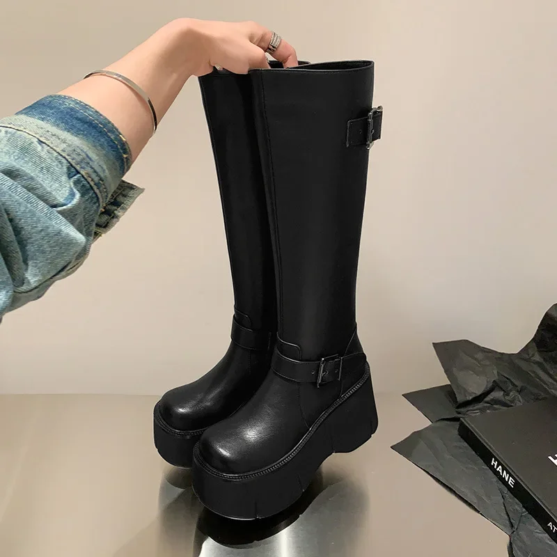 Women's Shoes Basic Women's Boots Classics Knee-High Boots Women Belt Buckle Side Zip Round Toe Wedge Platform Shoes Ladies view 4
