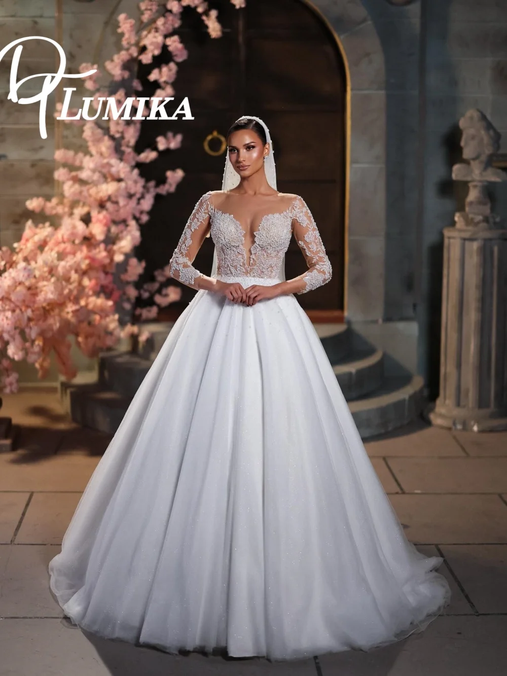 

Elegant Long Sleeve Lace Ball Gown Wedding Dress 2026 Sparkling Glitter Tulle Bridal Dress Formal Bridal Gown Vestidos De Novia