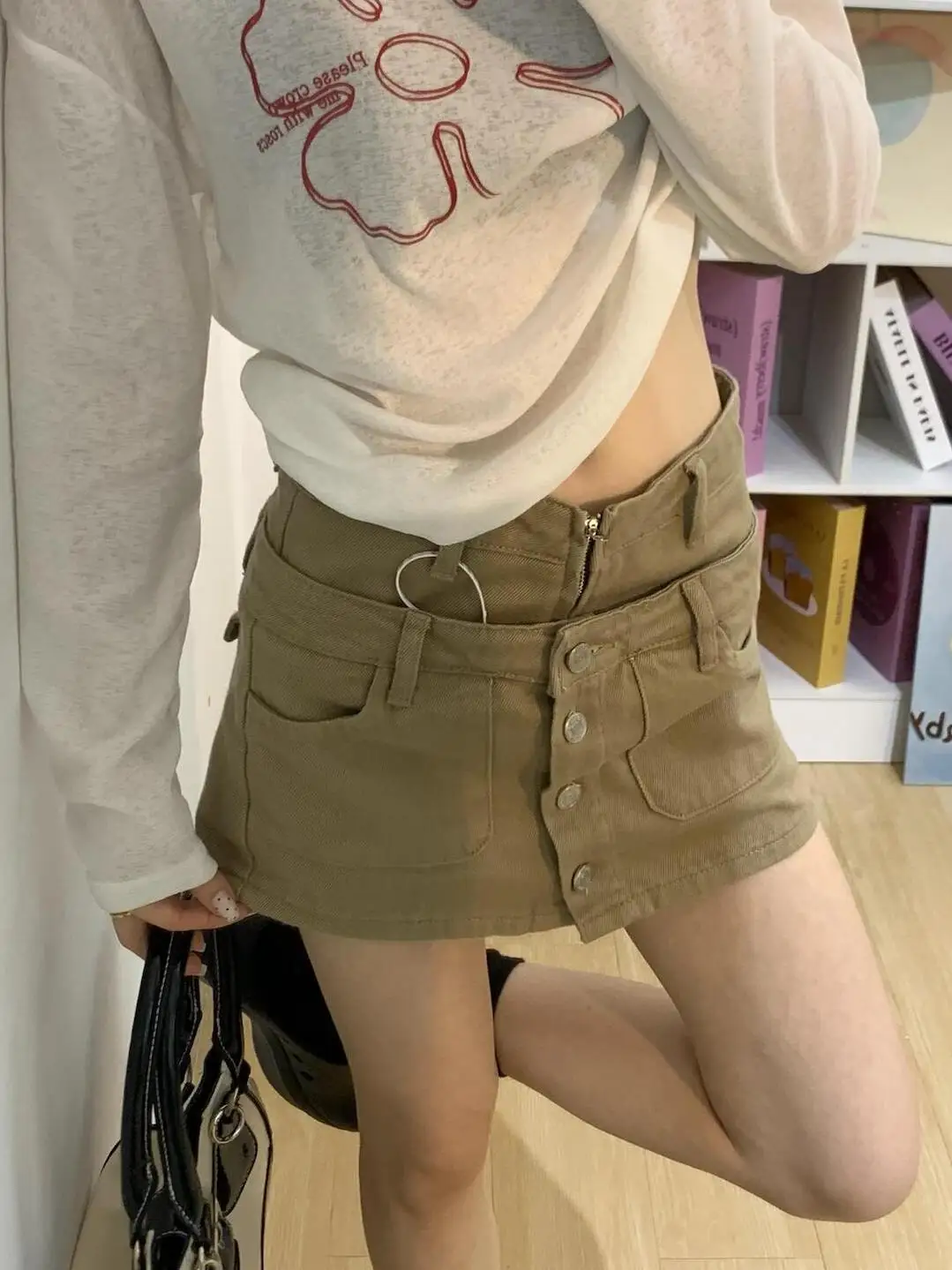 American Retro Khaki Workwear  Skirt Women Summer New High Waist Button Anti Exposure Spicy Girl Versatile Half-length Skirt