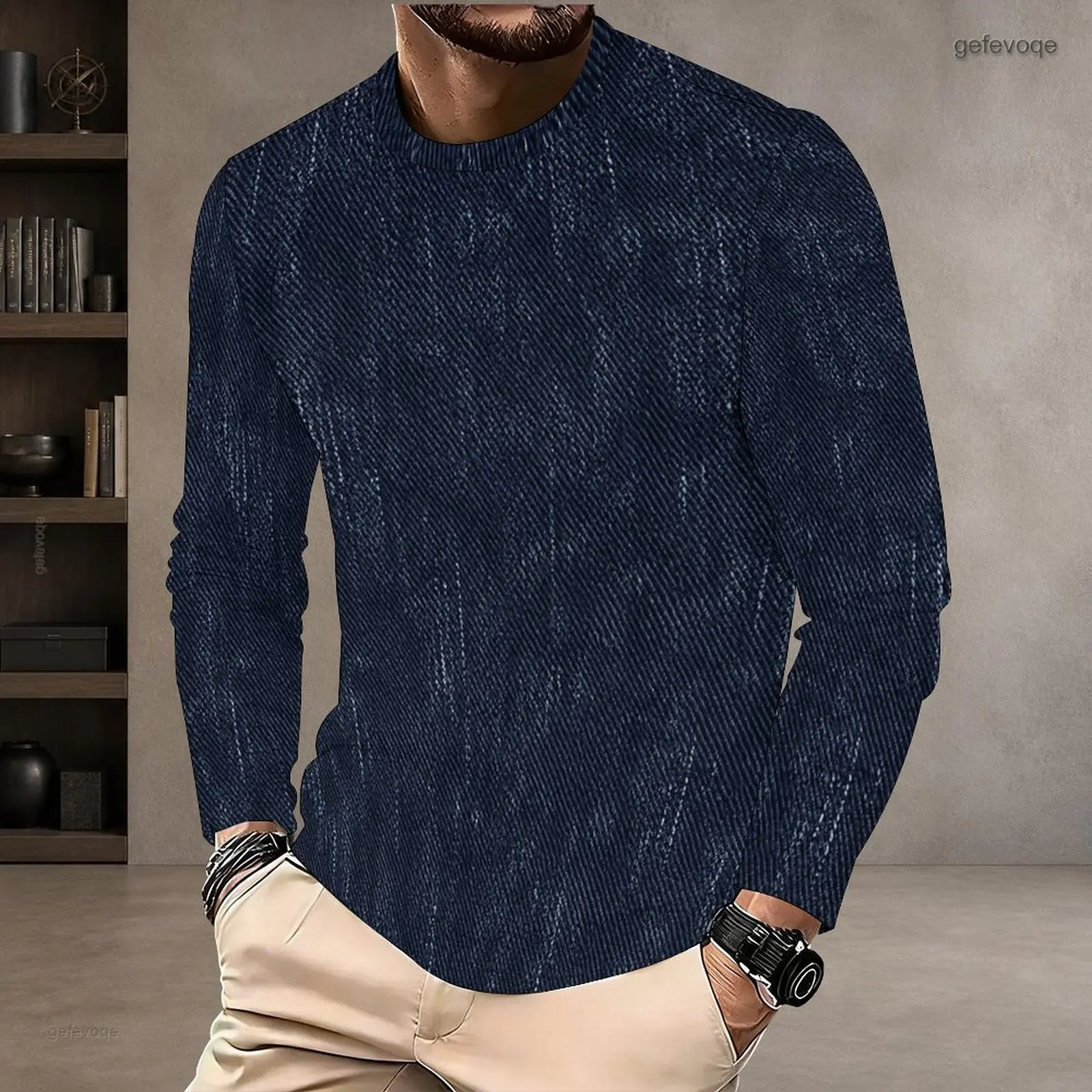 Men Printed Round Neck Long Sleeve T-Shirt, Blue White Vertical Stripe Dashed Detail Pullover Top
