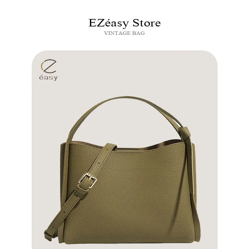 EZeasy Light Luxury Niche Designer Bags for Women Genuine Leather Simple Portable Bucket Bag Cowhide Shoulder Bag Crossbody Bag