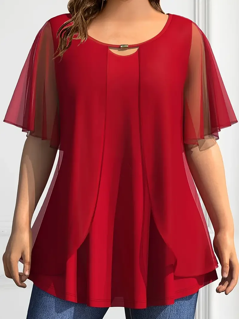 Blusa de gasa de talla grande para mujer, Top sólido con cuello redondo, Jersey suelto, camisas de manga corta, ropa informal de verano