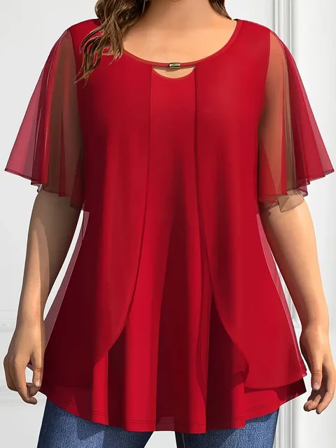 Plus rozmiar szyfonowa bluzka damska Top solidna O Neck luźny sweter koszule z krótkim rękawem bluzka odzież damska w stylu Casual, letnia bluzka