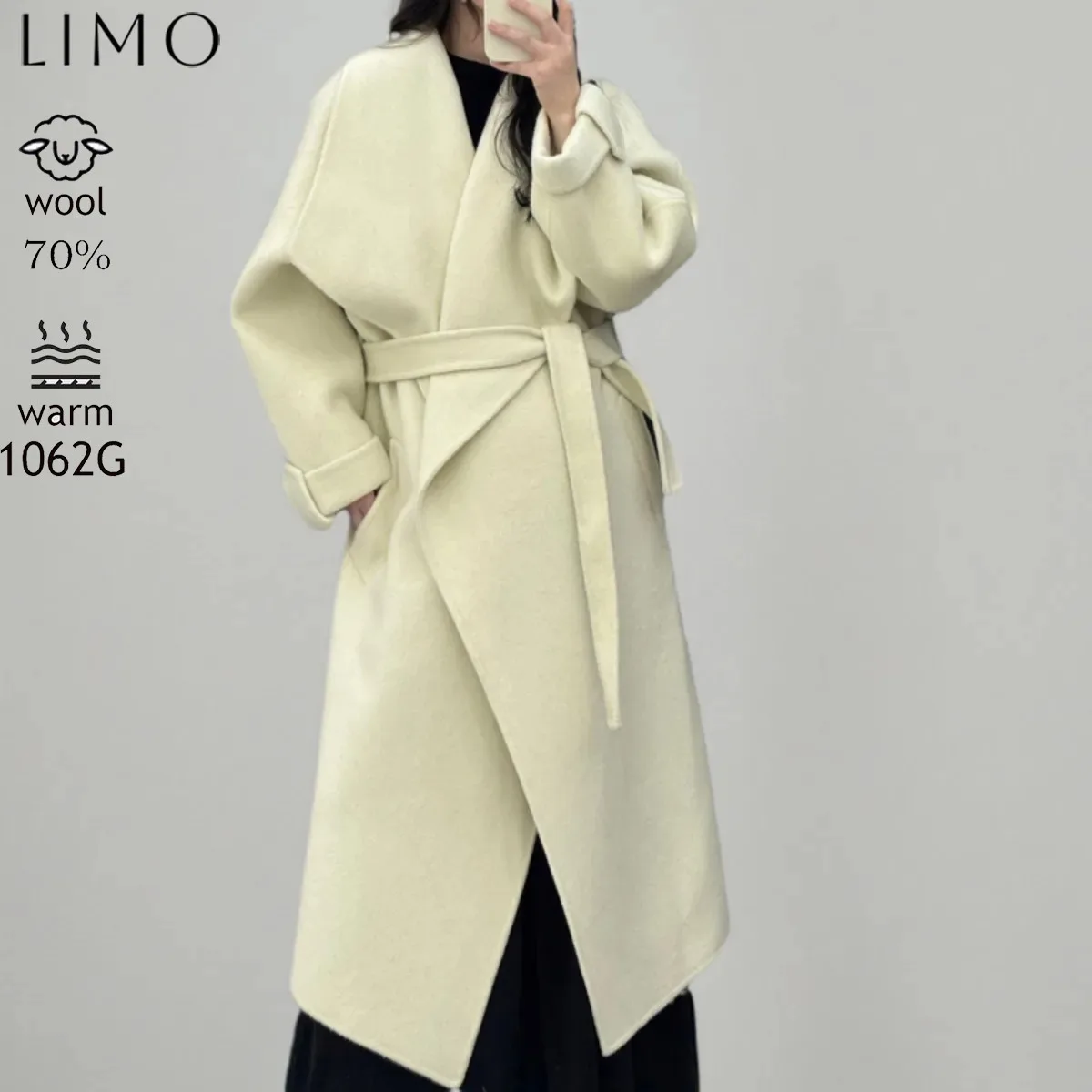 

LIMO Autumn Winter New Double-Sided Cashmere Woolen Korean Style Loose Lace-Up Large Lapel Coat for Women Long Over-the-Knee