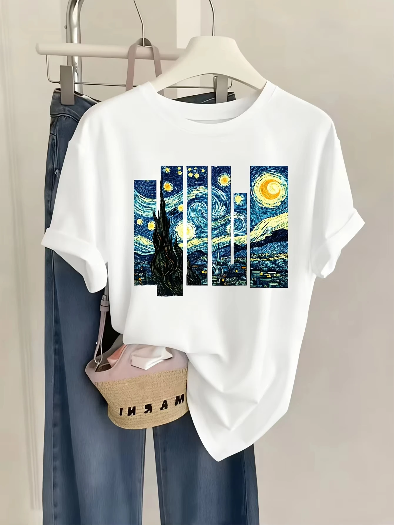 Unisex Van Gogh Starry Night Split Panel Art Graphic T‑Shirt Painting Print Crew Neck Short Sleeve Art Enthusiast Casual Tee Top